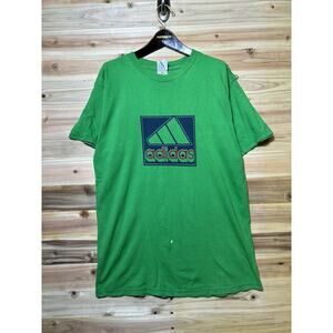 Vintage 90s Adidas Graphic T Shirt Green Blue Trefoil Mens L Logo Short Sleeve